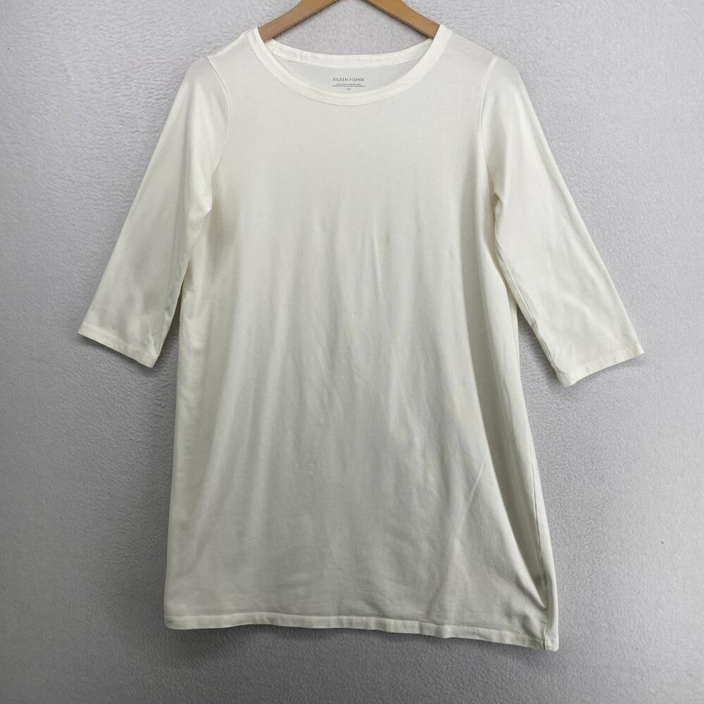 EILEEN FISHER Dress S Stretch Organic Cotton Jersey Shift 3/4 Sleeve White USA